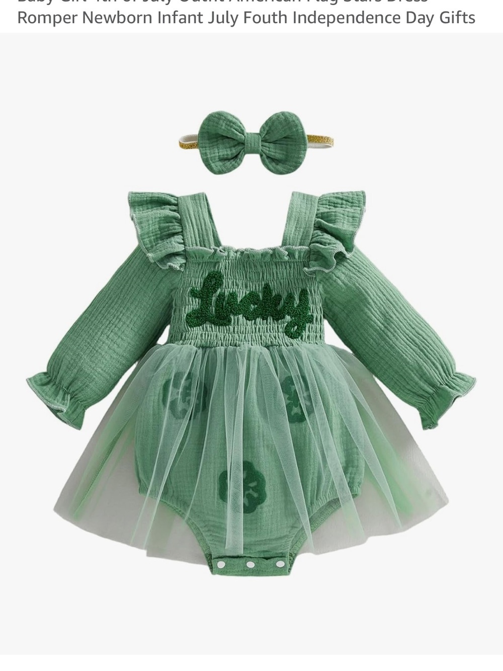 Green Baby Tulle Ruffle Romper with Bow Headband